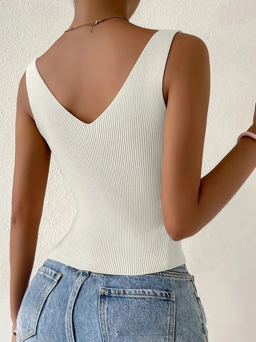 Summer Women Drawstring Front Ribbed Knit Top High Stretch Split Cropped Tank